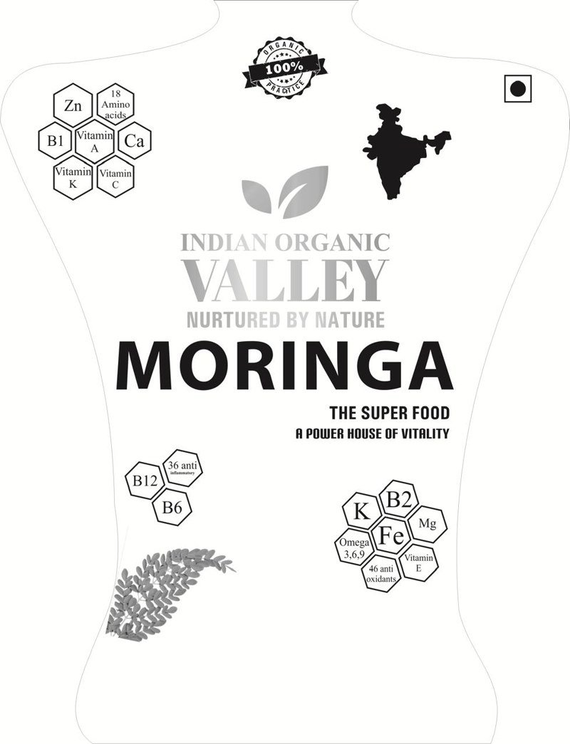 Indian Organic Valley Moringa back packaging with nutrition information